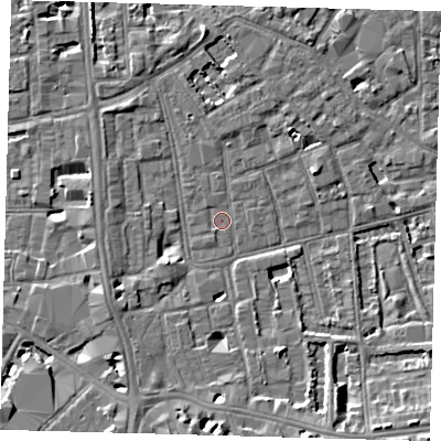 Shaded relief map of the ground around SE57GE, computed from Environment Agency LiDAR. The ground here sits at about 3 m above sea level and falls 7 m across the surrounding 800 m. Surface water reaching this point runs off ground lying to the south-south-west, 2.9 m higher.