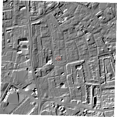 Shaded relief map of the ground around SE57HG, computed from Environment Agency LiDAR. The ground here sits at about 3 m above sea level and falls 8 m across the surrounding 800 m. Surface water reaching this point runs off ground lying to the south-south-west, 2.7 m higher.