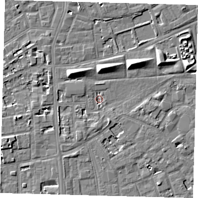 Shaded relief map of the ground around SE57LB, computed from Environment Agency LiDAR. The ground here sits at about 2 m above sea level and falls 8 m across the surrounding 800 m. Surface water reaching this point runs off ground lying to the south-south-east, 2.8 m higher.