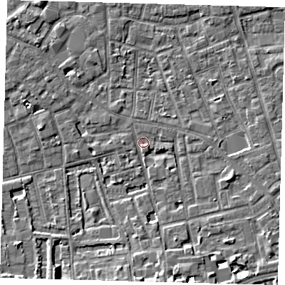 Shaded relief map of the ground around SE57LS, computed from Environment Agency LiDAR. The ground here sits at about 3 m above sea level and falls 7 m across the surrounding 800 m. Surface water reaching this point runs off ground lying to the south-south-east, 5.9 m higher.