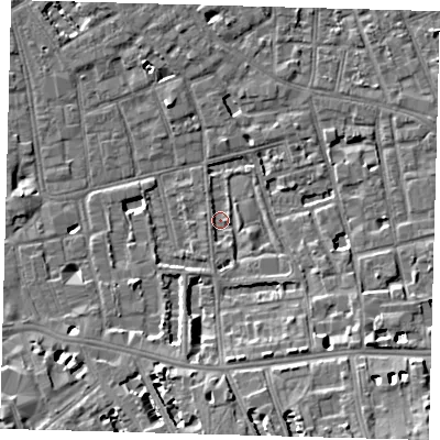 Shaded relief map of the ground around SE57LZ, computed from Environment Agency LiDAR. The ground here sits at about 2 m above sea level and falls 10 m across the surrounding 800 m. Surface water reaching this point runs off ground lying to the south-south-east, 7.5 m higher.