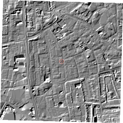 Shaded relief map of the ground around SE57NL, computed from Environment Agency LiDAR. The ground here sits at about 3 m above sea level and falls 6 m across the surrounding 800 m. Surface water reaching this point runs off ground lying to the south-south-west, 3.7 m higher.