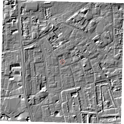 Shaded relief map of the ground around SE57PL, computed from Environment Agency LiDAR. The ground here sits at about 3 m above sea level and falls 5 m across the surrounding 800 m. Surface water reaching this point runs off ground lying to the north-east, 1.0 m higher.