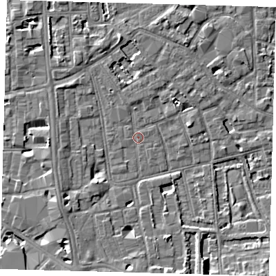 Shaded relief map of the ground around SE57QH, computed from Environment Agency LiDAR. The ground here sits at about 3 m above sea level and falls 6 m across the surrounding 800 m. Surface water reaching this point runs off ground lying to the south-south-west, 3.8 m higher.