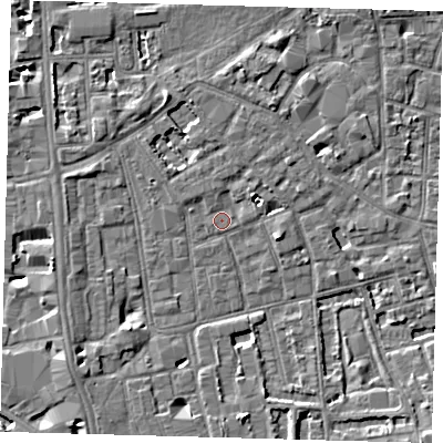Shaded relief map of the ground around SE57QJ, computed from Environment Agency LiDAR. The ground here sits at about 3 m above sea level and falls 5 m across the surrounding 800 m. Surface water reaching this point runs off ground lying to the north-north-east, 1.0 m higher.