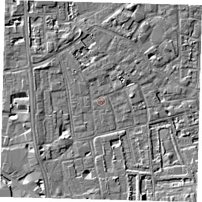 Shaded relief map of the ground around SE57QL, computed from Environment Agency LiDAR. The ground here sits at about 3 m above sea level and falls 6 m across the surrounding 800 m. Surface water reaching this point runs off ground lying to the south-south-west, 3.6 m higher.