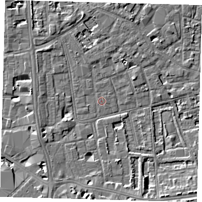Shaded relief map of the ground around SE57QN, computed from Environment Agency LiDAR. The ground here sits at about 3 m above sea level and falls 7 m across the surrounding 800 m. Surface water reaching this point runs off ground lying to the south-south-west, 2.8 m higher.