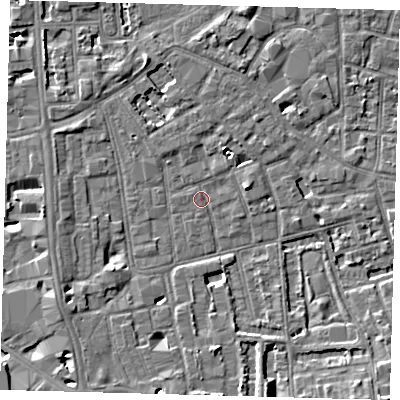Shaded relief map of the ground around SE57QP, computed from Environment Agency LiDAR. The ground here sits at about 3 m above sea level and falls 6 m across the surrounding 800 m. Surface water reaching this point runs off ground lying to the south-west, 3.6 m higher.