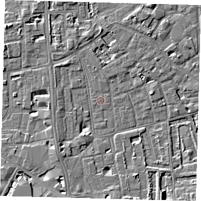 Shaded relief map of the ground around SE57QQ, computed from Environment Agency LiDAR. The ground here sits at about 3 m above sea level and falls 6 m across the surrounding 800 m. Surface water reaching this point runs off ground lying to the south-west, 3.5 m higher.