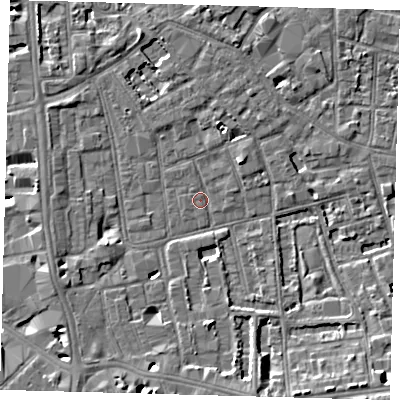 Shaded relief map of the ground around SE57QR, computed from Environment Agency LiDAR. The ground here sits at about 3 m above sea level and falls 7 m across the surrounding 800 m. Surface water reaching this point runs off ground lying to the south-east, 6.5 m higher.