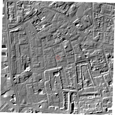 Shaded relief map of the ground around SE57QS, computed from Environment Agency LiDAR. The ground here sits at about 2 m above sea level and falls 7 m across the surrounding 800 m. Surface water reaching this point runs off ground lying to the south-south-east, 6.5 m higher.