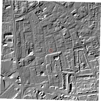 Shaded relief map of the ground around SE57QW, computed from Environment Agency LiDAR. The ground here sits at about 3 m above sea level and falls 8 m across the surrounding 800 m. Surface water reaching this point runs off ground lying to the south-south-east, 7.0 m higher.
