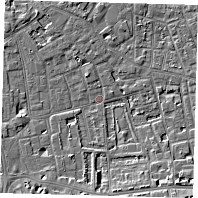 Shaded relief map of the ground around SE57QX, computed from Environment Agency LiDAR. The ground here sits at about 3 m above sea level and falls 7 m across the surrounding 800 m. Surface water reaching this point runs off ground lying to the south-east, 7.3 m higher.