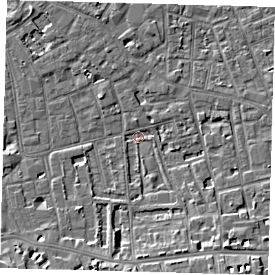 Shaded relief map of the ground around SE57RA, computed from Environment Agency LiDAR. The ground here sits at about 2 m above sea level and falls 8 m across the surrounding 800 m. Surface water reaching this point runs off ground lying to the south-south-east, 7.5 m higher.