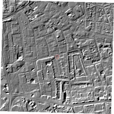 Shaded relief map of the ground around SE57RB, computed from Environment Agency LiDAR. The ground here sits at about 2 m above sea level and falls 8 m across the surrounding 800 m. Surface water reaching this point runs off ground lying to the south-east, 7.9 m higher.