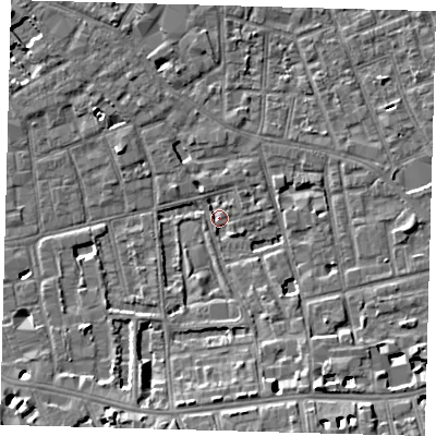 Shaded relief map of the ground around SE57RL, computed from Environment Agency LiDAR. The ground here sits at about 2 m above sea level and falls 8 m across the surrounding 800 m. Surface water reaching this point runs off ground lying to the south-south-east, 7.5 m higher.