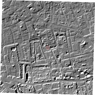 Shaded relief map of the ground around SE57RP, computed from Environment Agency LiDAR. The ground here sits at about 2 m above sea level and falls 9 m across the surrounding 800 m. Surface water reaching this point runs off ground lying to the south-south-east, 8.6 m higher.