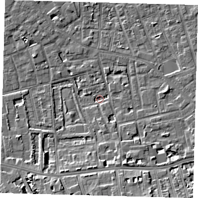 Shaded relief map of the ground around SE57RR, computed from Environment Agency LiDAR. The ground here sits at about 2 m above sea level and falls 9 m across the surrounding 800 m. Surface water reaching this point runs off ground lying to the south-south-east, 6.3 m higher.
