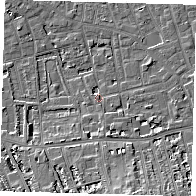 Shaded relief map of the ground around SE57RS, computed from Environment Agency LiDAR. The ground here sits at about 5 m above sea level and falls 13 m across the surrounding 800 m. Surface water reaching this point runs off ground lying to the south, 4.6 m higher.