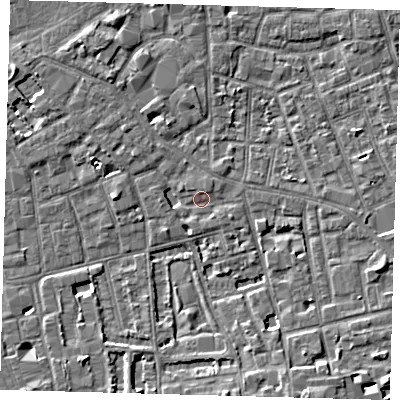 Shaded relief map of the ground around SE57RU, computed from Environment Agency LiDAR. The ground here sits at about 3 m above sea level and falls 6 m across the surrounding 800 m. Surface water reaching this point runs off ground lying to the south-south-east, 5.8 m higher.