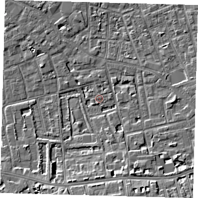 Shaded relief map of the ground around SE57RW, computed from Environment Agency LiDAR. The ground here sits at about 3 m above sea level and falls 8 m across the surrounding 800 m. Surface water reaching this point runs off ground lying to the south, 7.5 m higher.
