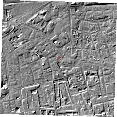 Shaded relief map of the ground around SE57RX, computed from Environment Agency LiDAR. The ground here sits at about 3 m above sea level and falls 5 m across the surrounding 800 m. Surface water reaching this point runs off ground lying to the south-south-east, 4.9 m higher.