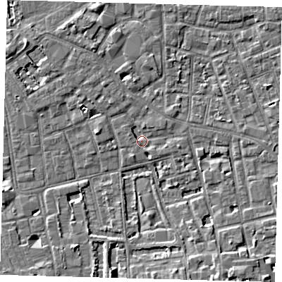 Shaded relief map of the ground around SE57RZ, computed from Environment Agency LiDAR. The ground here sits at about 3 m above sea level and falls 6 m across the surrounding 800 m. Surface water reaching this point runs off ground lying to the south-east, 5.9 m higher.