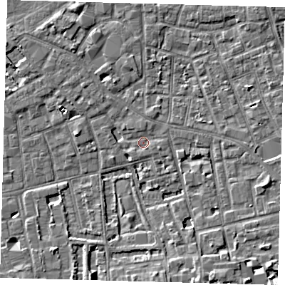 Shaded relief map of the ground around SE57SA, computed from Environment Agency LiDAR. The ground here sits at about 3 m above sea level and falls 6 m across the surrounding 800 m. Surface water reaching this point runs off ground lying to the south-south-east, 5.9 m higher.