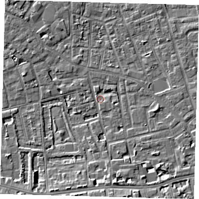 Shaded relief map of the ground around SE57SD, computed from Environment Agency LiDAR. The ground here sits at about 3 m above sea level and falls 7 m across the surrounding 800 m. Surface water reaching this point runs off ground lying to the south, 6.1 m higher.