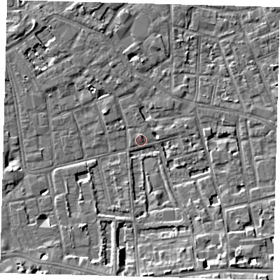 Shaded relief map of the ground around SE57SH, computed from Environment Agency LiDAR. The ground here sits at about 3 m above sea level and falls 7 m across the surrounding 800 m. Surface water reaching this point runs off ground lying to the south, 6.5 m higher.