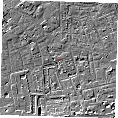 Shaded relief map of the ground around SE57SJ, computed from Environment Agency LiDAR. The ground here sits at about 3 m above sea level and falls 7 m across the surrounding 800 m. Surface water reaching this point runs off ground lying to the south, 6.5 m higher.