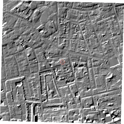 Shaded relief map of the ground around SE57SL, computed from Environment Agency LiDAR. The ground here sits at about 3 m above sea level and falls 7 m across the surrounding 800 m. Surface water reaching this point runs off ground lying to the south-south-east, 7.2 m higher.