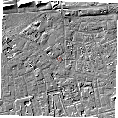 Shaded relief map of the ground around SE57ST, computed from Environment Agency LiDAR. The ground here sits at about 3 m above sea level and falls 8 m across the surrounding 800 m. Surface water reaching this point runs off ground lying to the west-south-west, 3.2 m higher.