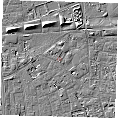 Shaded relief map of the ground around SE57SW, computed from Environment Agency LiDAR. The ground here sits at about 3 m above sea level and falls 8 m across the surrounding 800 m. Surface water reaching this point runs off ground lying to the south, 1.2 m higher.
