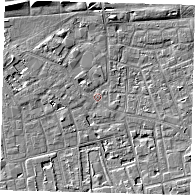 Shaded relief map of the ground around SE57SX, computed from Environment Agency LiDAR. The ground here sits at about 3 m above sea level and falls 8 m across the surrounding 800 m. Surface water reaching this point runs off ground lying to the east-south-east, 4.4 m higher.