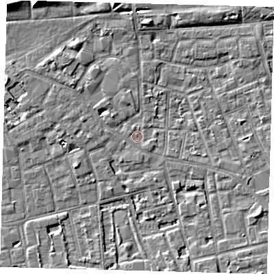 Shaded relief map of the ground around SE57SY, computed from Environment Agency LiDAR. The ground here sits at about 2 m above sea level and falls 8 m across the surrounding 800 m. Surface water reaching this point runs off ground lying to the south-east, 0.7 m higher.