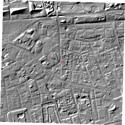 Shaded relief map of the ground around SE57SZ, computed from Environment Agency LiDAR. The ground here sits at about 2 m above sea level and falls 8 m across the surrounding 800 m. Surface water reaching this point runs off ground lying to the west-south-west, 3.2 m higher.