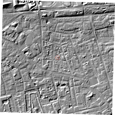 Shaded relief map of the ground around SE57TA, computed from Environment Agency LiDAR. The ground here sits at about 2 m above sea level and falls 7 m across the surrounding 800 m. Surface water reaching this point runs off ground lying to the south-east, 3.6 m higher.