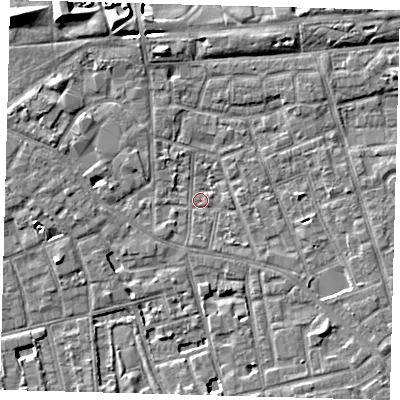 Shaded relief map of the ground around SE57TB, computed from Environment Agency LiDAR. The ground here sits at about 2 m above sea level and falls 7 m across the surrounding 800 m. Surface water reaching this point runs off ground lying to the south-east, 3.6 m higher.