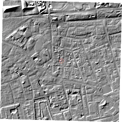 Shaded relief map of the ground around SE57TD, computed from Environment Agency LiDAR. The ground here sits at about 2 m above sea level and falls 8 m across the surrounding 800 m. Surface water reaching this point runs off ground lying to the west-south-west, 3.2 m higher.