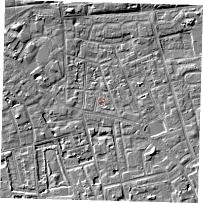 Shaded relief map of the ground around SE57TE, computed from Environment Agency LiDAR. The ground here sits at about 2 m above sea level and falls 5 m across the surrounding 800 m. Surface water reaching this point runs off ground lying to the south-east, 1.2 m higher.