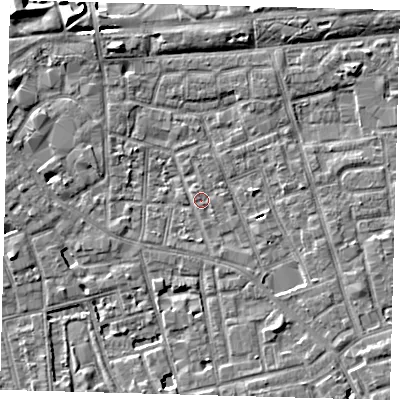 Shaded relief map of the ground around SE57TF, computed from Environment Agency LiDAR. The ground here sits at about 2 m above sea level and falls 6 m across the surrounding 800 m. Surface water reaching this point runs off ground lying to the south-east, 4.2 m higher.