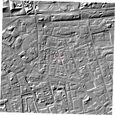 Shaded relief map of the ground around SE57TG, computed from Environment Agency LiDAR. The ground here sits at about 2 m above sea level and falls 6 m across the surrounding 800 m. Surface water reaching this point runs off ground lying to the south-east, 3.7 m higher.