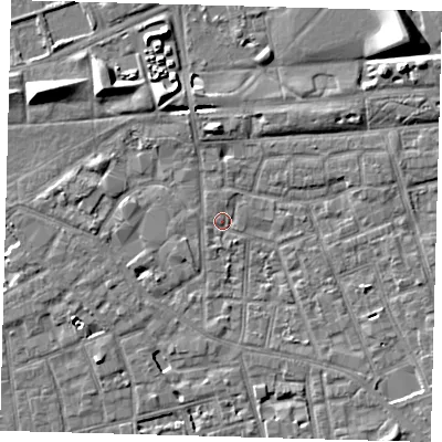 Shaded relief map of the ground around SE57TH, computed from Environment Agency LiDAR. The ground here sits at about 3 m above sea level and falls 9 m across the surrounding 800 m. Surface water reaching this point runs off ground lying to the south-west, 1.7 m higher.