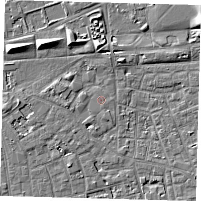 Shaded relief map of the ground around SE57TJ, computed from Environment Agency LiDAR. The ground here sits at about 3 m above sea level and falls 8 m across the surrounding 800 m. The ground contributing surface water to this point lies to the south.