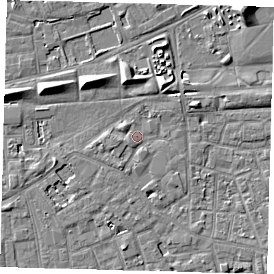 Shaded relief map of the ground around SE57TQ, computed from Environment Agency LiDAR. The ground here sits at about 3 m above sea level and falls 8 m across the surrounding 800 m. Surface water reaching this point runs off ground lying to the west-south-west, 2.0 m higher.