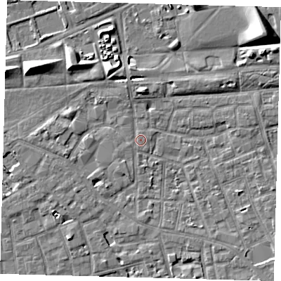 Shaded relief map of the ground around SE57TR, computed from Environment Agency LiDAR. The ground here sits at about 3 m above sea level and falls 9 m across the surrounding 800 m. Surface water reaching this point runs off ground lying to the south-south-east, 0.9 m higher.
