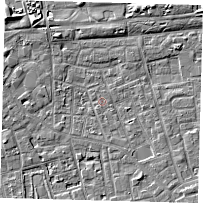 Shaded relief map of the ground around SE57TZ, computed from Environment Agency LiDAR. The ground here sits at about 2 m above sea level and falls 6 m across the surrounding 800 m. Surface water reaching this point runs off ground lying to the south-south-east, 3.6 m higher.