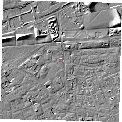 Shaded relief map of the ground around SE57UA, computed from Environment Agency LiDAR. The ground here sits at about 3 m above sea level and falls 9 m across the surrounding 800 m. Surface water reaching this point runs off ground lying to the south, 1.0 m higher.