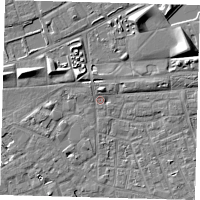 Shaded relief map of the ground around SE57UB, computed from Environment Agency LiDAR. The ground here sits at about 2 m above sea level and falls 9 m across the surrounding 800 m. Surface water reaching this point runs off ground lying to the north-west, 4.1 m higher.